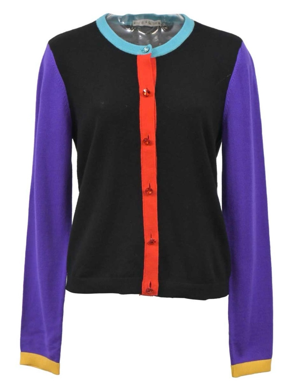 Alice + Olivia Black Cardigan with Teal Trim and Red Accent